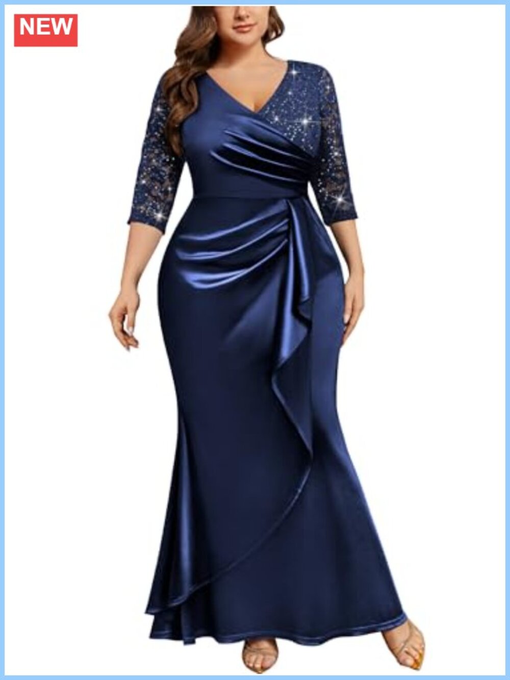 Plus Size Sequin Lace Mermaid Formal Evening Gown Long Satin Dress